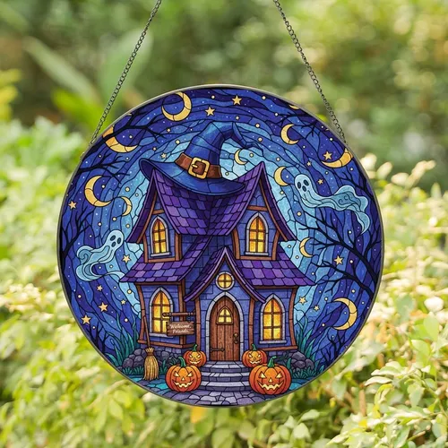 Spooky Season Fans' Intricate Stained Glass Whimsical Witch House Purple Blue Orange Night Sky Mosaic Stained Glass Suncatcher