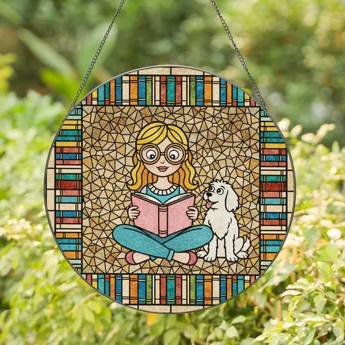 Reading Enthusiasts' Tiffany Stained Glass Bookworm & Dog Jewel Tone Mosaic Teal Gold Rose Pink Stained Glass Suncatcher