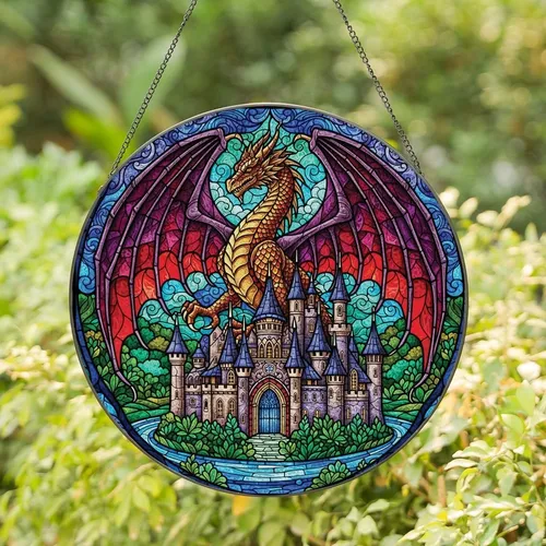 Fantasy Lovers' Majestic Dragon Castle Stained Glass Ruby Sapphire Emerald Gold Mosaic Stained Glass Suncatcher