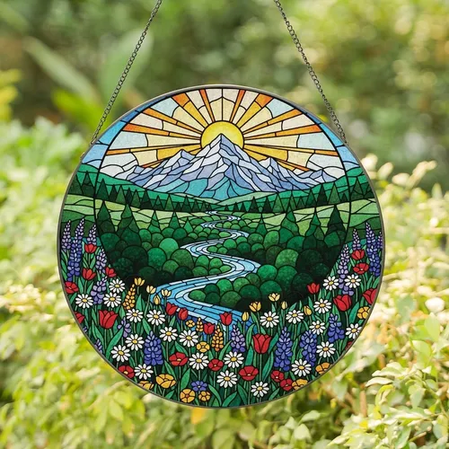 Nature Lovers' Vibrant Tiffany Stained Glass Mountain Peaks Wildflower Mosaic Jewel Tones Stained Glass Suncatcher