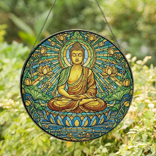 Mindful Art Lovers' Serene Buddha Stained Glass Golden Amber Emerald Blue Lotus Mosaic Stained Glass Suncatcher