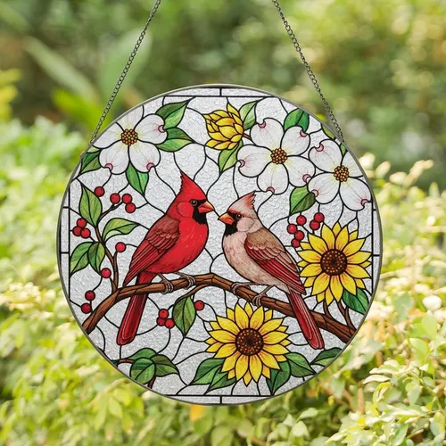 Bird Watchers' Intricate Tiffany Stained Glass Cardinal Pair Red Pink Yellow Floral Mosaic Art Stained Glass Suncatcher