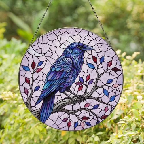 Fantasy Art Fans' Iridescent Raven Tiffany Stained Glass with Deep Purple Blue Leaves and Lavender Pink Gray Mosaic Background Stained Glass Suncatcher
