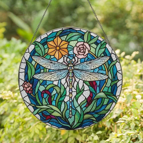 Nature Lovers' Iridescent Dragonfly Tiffany Stained Glass Floral Jewel Tone Mosaic Art Stained Glass Suncatcher