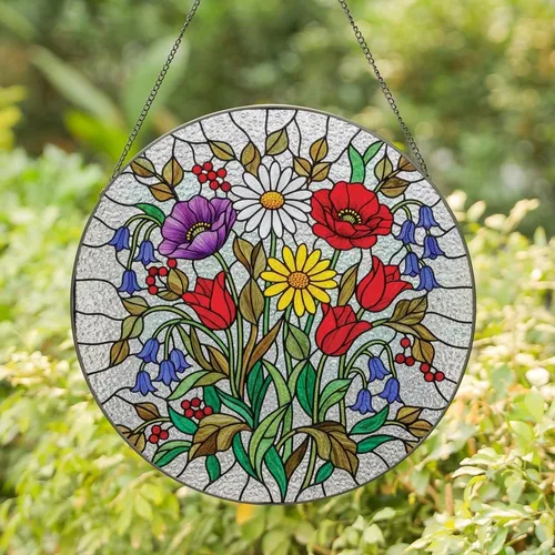 Art Lovers' Edge-to-Edge Stained Glass Red Purple Yellow Blue Jewel Tone Floral Mosaic Stained Glass Suncatcher