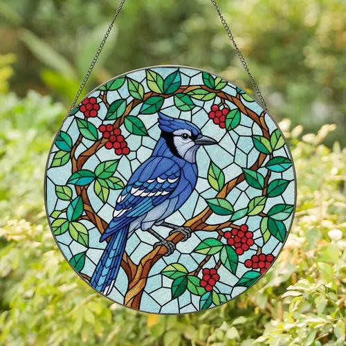 Nature Lovers' Vibrant Blue Jay Stained Glass Mosaic Ruby Red Berries Emerald Green Leaves Tiffany Style Stained Glass Suncatcher