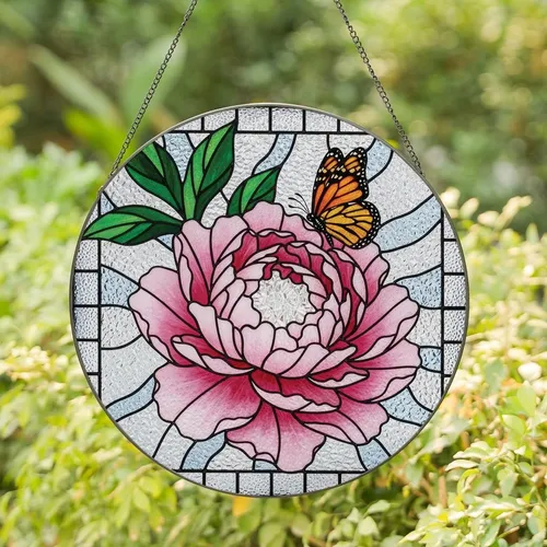 Art Lovers' Intricate Glowing Tiffany Stained Glass Peony Monarch Butterfly Pink Orange Green Mosaic Stained Glass Suncatcher