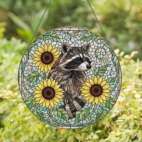 Nature Lovers' Intricate Stained Glass Raccoon Bust & Sunflower Mosaic Dappled Pastel Art Stained Glass Suncatcher