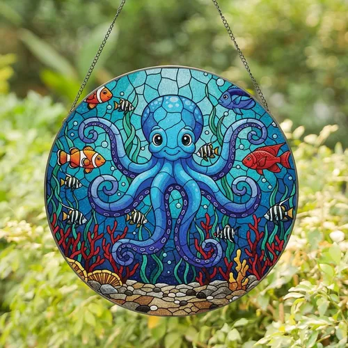 Ocean Lovers' Vibrant Tiffany Stained Glass Blue Octopus Deep Sea Coral Mosaic Art Stained Glass Suncatcher