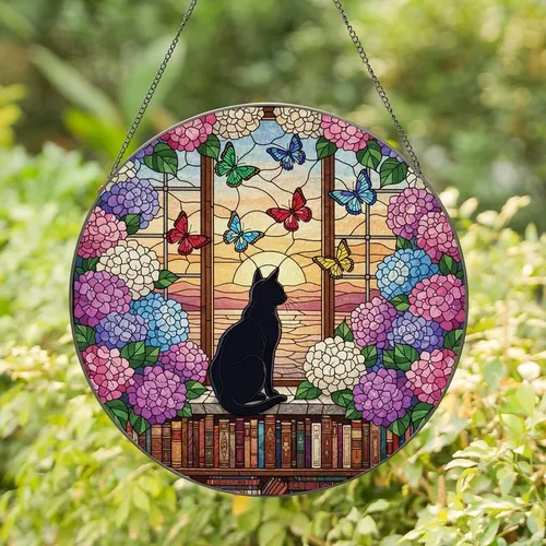 Stained Glass Art Lovers' Jewel Tone Black Cat Silhouette Pink Hydrangea Sunset Window Mosaic Stained Glass Suncatcher