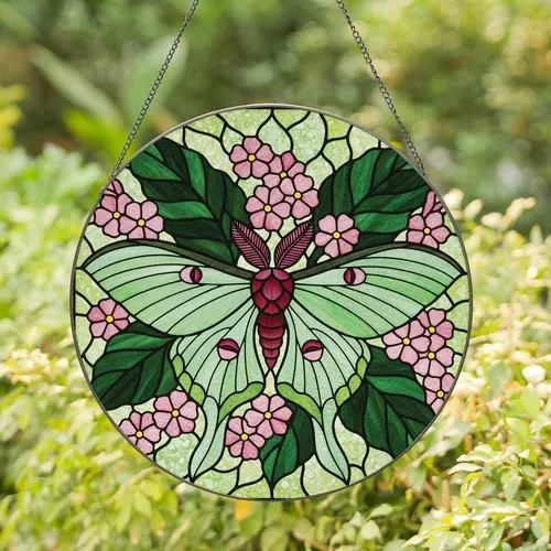 Art Enthusiasts' Tiffany Style Jewel Tone Luna Moth Floral Stained Glass Mosaic Stained Glass Suncatcher