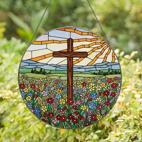Faith-Inspired Art Lovers' Tiffany Style Jewel-Tone Stained Glass Cross Wildflower Mountainscape Stained Glass Suncatcher