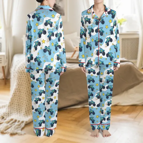 Youthful Blue Monster Truck Action Print: Yellow Flames, Mud Splatters & Star Design Satin Pajamas Set