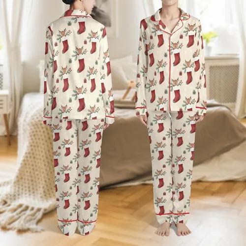 Festive Whimsy: Baby Reindeer Stocking Watercolor Christmas Design Satin Pajamas Set