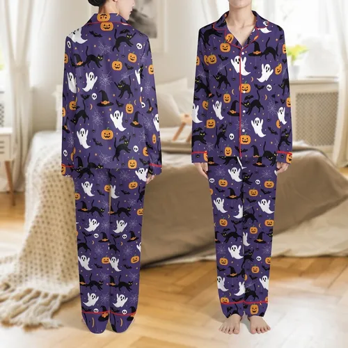 Personalized Family Halloween: Royal Purple Whimsical Cats & Jack-o'-Lanterns Sleep Set Satin Pajamas Set