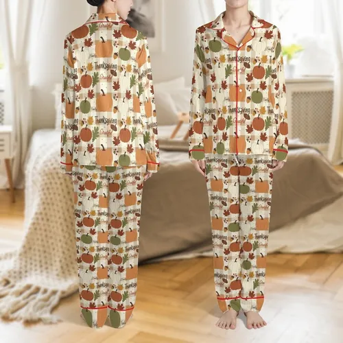 Family Personalized Thanksgiving 2025 Pajamas: Plus Size Pumpkin Plaid Sleepwear Satin Pajamas Set
