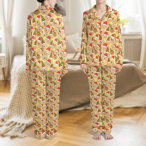Personalized Family Christmas Pajama Set: Pet & Human Faces, Santa Hats & Snowflakes Pattern Satin Pajamas Set