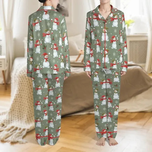 Women's Whimsical Snowman & Holly Pajamas: Muted Olive Winter Sleep Set Satin Pajamas Set