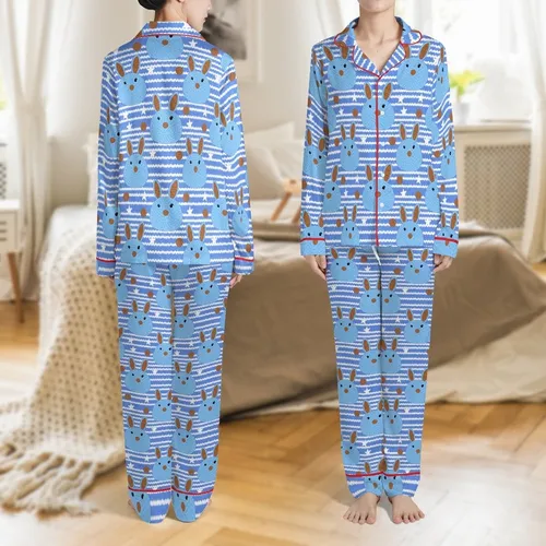 Cozy Bunny Dreams: Whimsical Crocheted Bunny & Knit Texture Blue Pattern Pajamas Satin Pajamas Set