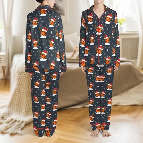 Basketball Lover's Whimsical Christmas Pattern: Santa Hat Hoops & Snowy Antlers Art Satin Pajamas Set