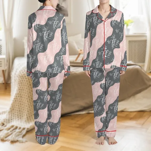 Satin Sleep Set: Intertwined Monogram & Botanical Pattern - Blush & Charcoal Kid Satin Pajamas Set