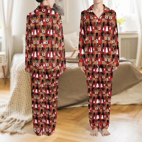 Family Personalized Buffalo Plaid Reindeer Lights Cotton Blend Pajamas Satin Pajamas Set