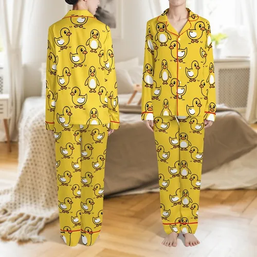 Playful Yellow Duck Pattern: Seamless Swimming Cartoon Ducks Flat Art Print Satin Short-Sleeve Pajamas Set