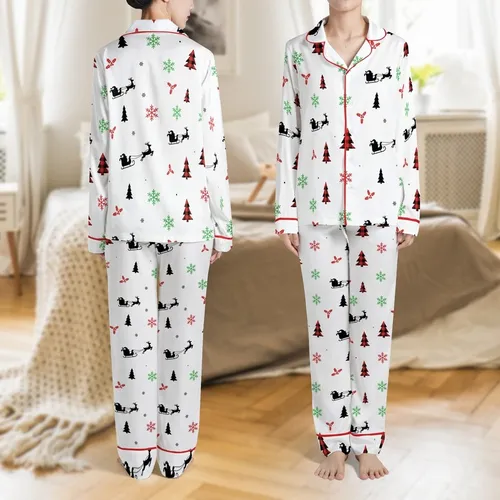 Holiday Decor: Rustic Reindeer Sleigh Seamless Pattern with Buffalo Plaid & Holly Satin Pajamas Set