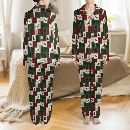 Family Retro Christmas Loungewear: Quilted Tartan Plaid Patchwork, Holly Tree & Snowflake Design Satin Pajamas Set