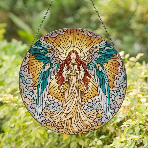 Art Lovers' Serene Stained Glass Angel Iridescent Wings Gold Amber Lavender Teal Mosaic Stained Glass Suncatcher