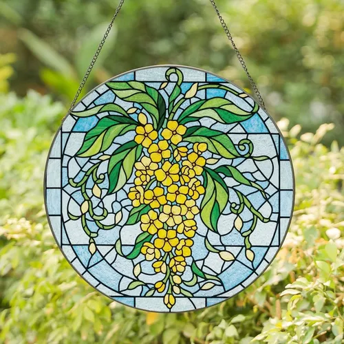 Art Lovers' Tiffany Style Golden Yellow Floral Stained Glass Blue Sky Mosaic Design Stained Glass Suncatcher