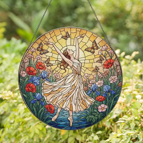 Ballet Art Lover's Detailed Tiffany Stained Glass Ballerina Floral Garden Mosaic Stained Glass Suncatcher