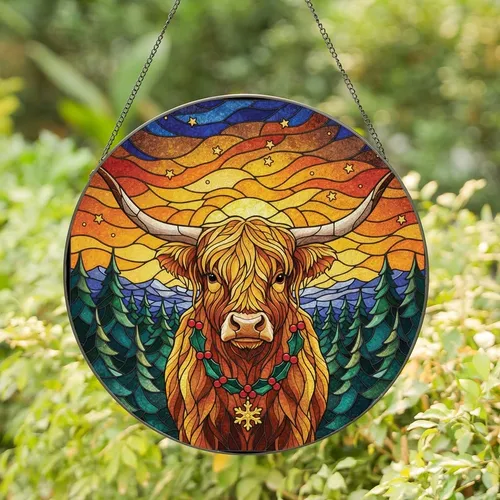 Highland Cow Fans' Stained Glass Winter Sunset Art with Festive Garland & Jewel Tones Stained Glass Suncatcher
