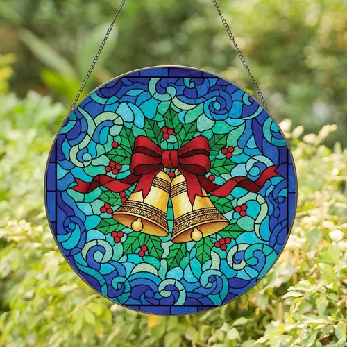 Holiday Enthusiasts' Ornate Golden Christmas Bell Emerald Holly Stained Glass Teal Sapphire Mosaic Stained Glass Suncatcher