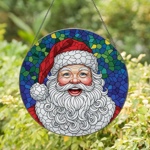 Christmas Lovers' Jolly Santa Stained Glass Mosaic, Vibrant Tiffany Style Jewel Tone Christmas Pattern with Black Lead Lines Stained Glass Suncatcher
