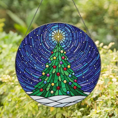 Christmas Lover's Intricate Stained Glass Christmas Tree Jewel Tones Winter Night Sky Mosaic Stained Glass Suncatcher