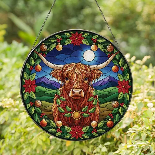 Christmas Art Lovers' Stained Glass Highland Cow Design: Festive Garland, Holly, Poinsettias, Jewel Tones Stained Glass Suncatcher