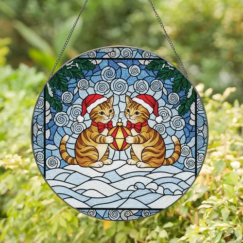 Cat Lovers' Jewel Tone Stained Glass Christmas Kittens Golden Bauble Winter Mosaic Art Stained Glass Suncatcher