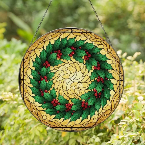 Holiday Enthusiasts' Glowing Tiffany Stained Glass Christmas Wreath Ruby Red Emerald Green Holly Botanical Mosaic Stained Glass Suncatcher