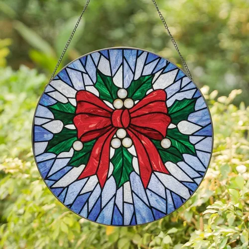 Christmas Art Lovers' Tiffany Style Ruby Red Bow, Emerald Holly, Frosted Stained Glass Stained Glass Suncatcher