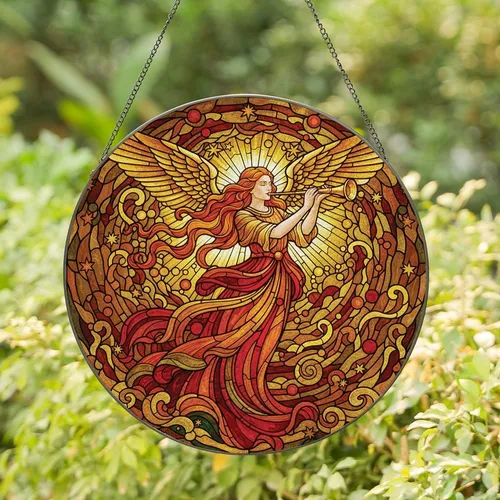 Art Lovers' Tiffany Style Stained Glass Angel Trumpeter Ruby Orange Gold Emerald Bronze Stained Glass Suncatcher