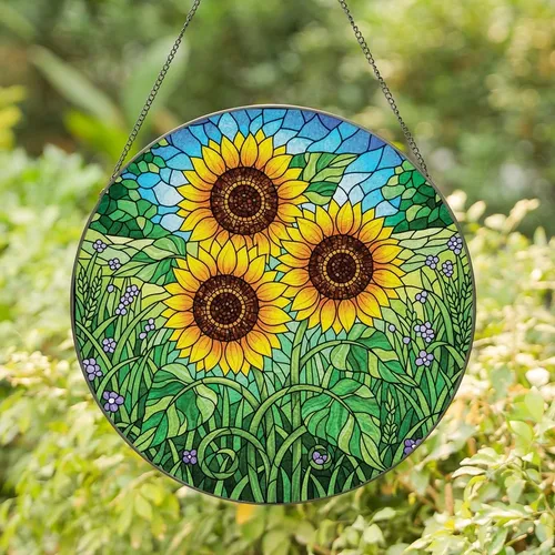 Nature Lovers' Vibrant Tiffany Stained Glass Sunflowers & Jewel Tone Landscape Pattern Stained Glass Suncatcher