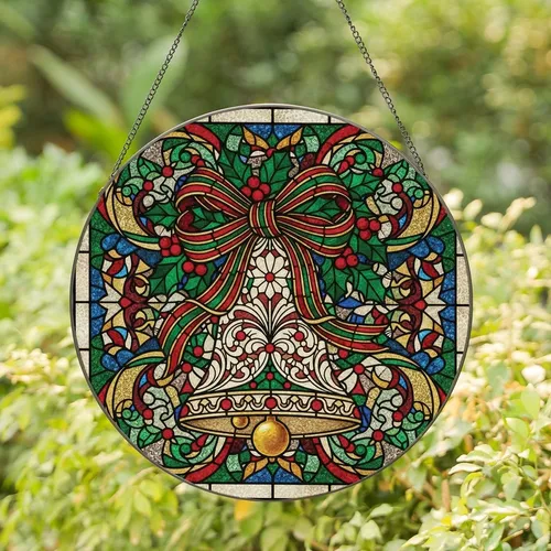 Christmas Enthusiasts' Ornate Stained Glass Christmas Bell, Holly & Ribbon Jewel Tone Mosaic Stained Glass Suncatcher