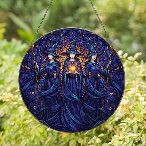 Fantasy Art Lovers' Mystical Stained Glass Witches Jewel Tone Blue Orange Purple Gold Mosaic Stained Glass Suncatcher