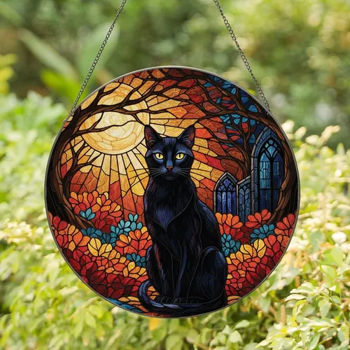 Cat Lovers' Tiffany Stained Glass Black Cat Autumn Forest Moon Artwork with Teal Orange Red Jewel Tones Stained Glass Suncatcher