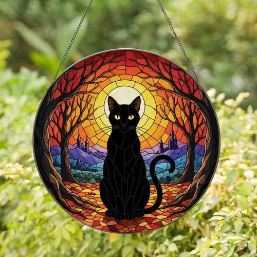 Autumn Cat Art Fans' Glowing Stained Glass Black Cat Fiery Moon & Leaves Pattern Stained Glass Suncatcher