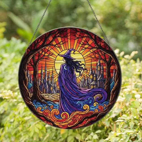 Fantasy Art Lovers' Intricate Stained Glass Witch Art Fiery Sunset Landscape Mosaic Glowing Lantern Stained Glass Suncatcher