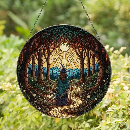 Fantasy Art Enthusiasts' Intricate Stained Glass Witch Mystical Forest Jewel Tone Edge-to-Edge Stained Glass Suncatcher