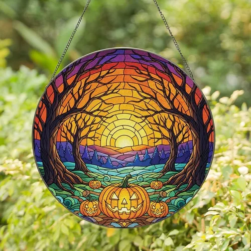 Halloween Enthusiasts' Intricate Glowing Jewel-Tone Tiffany Stained Glass Jack-o'-lantern Sunset Stained Glass Suncatcher