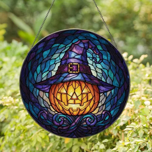 Halloween Art Lovers' Intricate Stained Glass Jack-o'-Lantern Witch Hat Mystical Swirling Teal Orange Purple Stained Glass Suncatcher